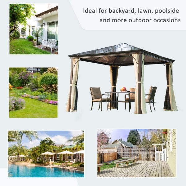 Outsunny 3 x 3(m) Hardtop Gazebo Canopy with Polycarbonate Roof and Aluminium Frame, Garden Pavilion with Mosquito Netting and Curtains, Brown - Image 7