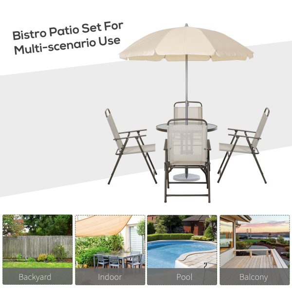 Outsunny Garden Patio Texteline Folding Chairs Plus Table and Parasol Furniture Bistro Set - Beige (6-Piece) - Image 7