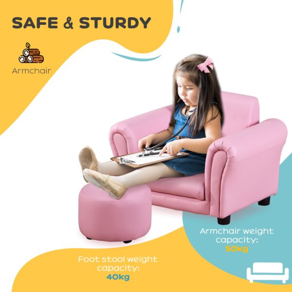 HOMCOM Toddler Chair Single Seater Kids Sofa Set Children Couch Seating Game Chair Seat Armchair w/ Free Footstool (Pink) - Image 5