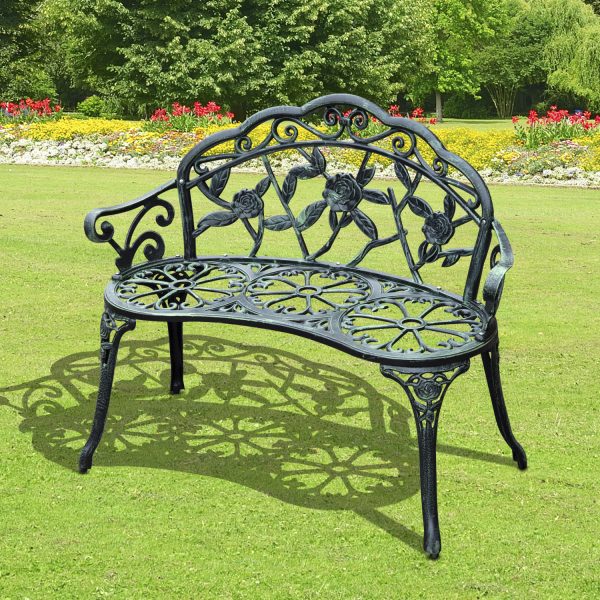 Outsunny Cast Aluminium Outdoor Garden Patio Antique Rose Style Bench Porch Park Chair Seater - Green   Aosom UK - Image 2