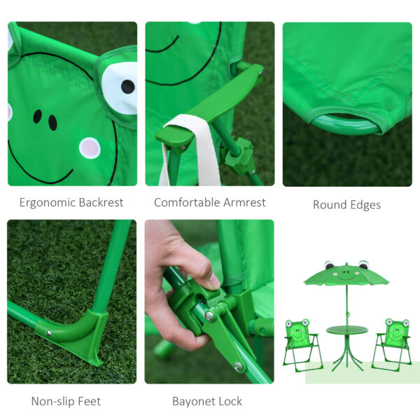 Outsunny Kids Folding Picnic Table and Chair Set Frog Pattern with Removable & Height Adjustable Sun Umbrella, Green - Image 7