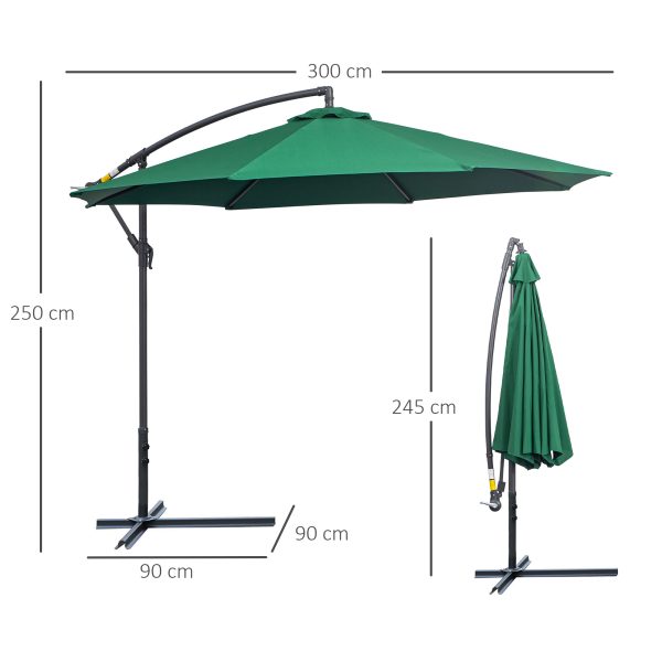 Outsunny Waterproof Banana Cantilever Parasol: 3m Hanging Umbrella with Crank & Cross Base, Outdoor Sun Shelter, Verdant Green   Aosom UK - Image 3