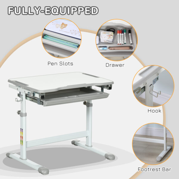 HOMCOM Kids Desk and Chair Set Height Adjustable Student Writing Desk Children School Study Table with Tiltable Desktop, Grey - Image 5