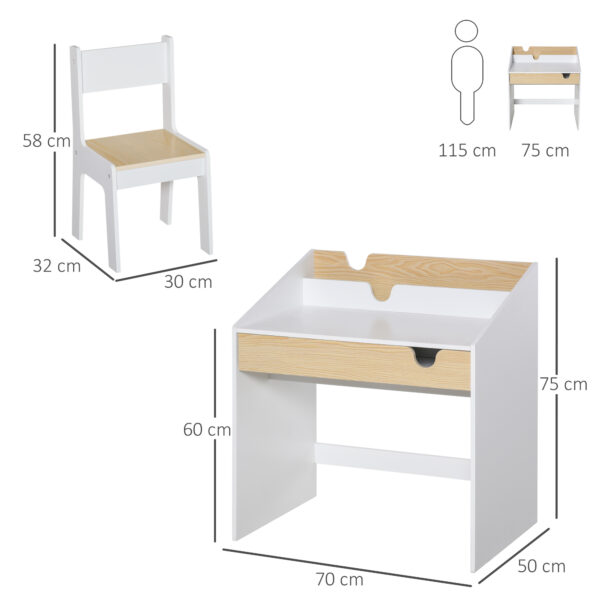 HOMCOM Kids Desk and Chair Set 2 Pieces Children Study Table with Storage Pull-Out Drawer Bookshelf for 3-6 Years Writing, Reading, Drawing - Image 3