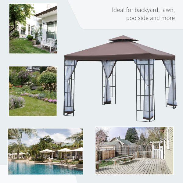 Outsunny 3 x 3(m) Patio Gazebo Canopy Garden Pavilion Tent Shelter with 2 Tier Roof and Mosquito Netting, Steel Frame, Coffee - Image 7