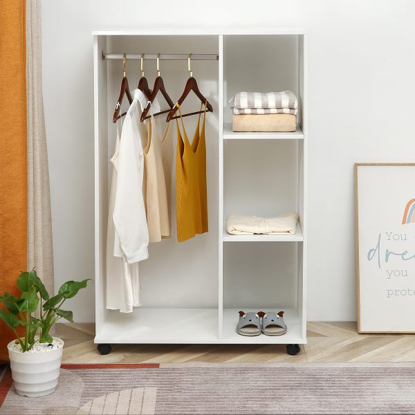 HOMCOM Open Wardrobe with Hanging Rail and Storage Shelves w/Wheels Bedroom-White - Image 7