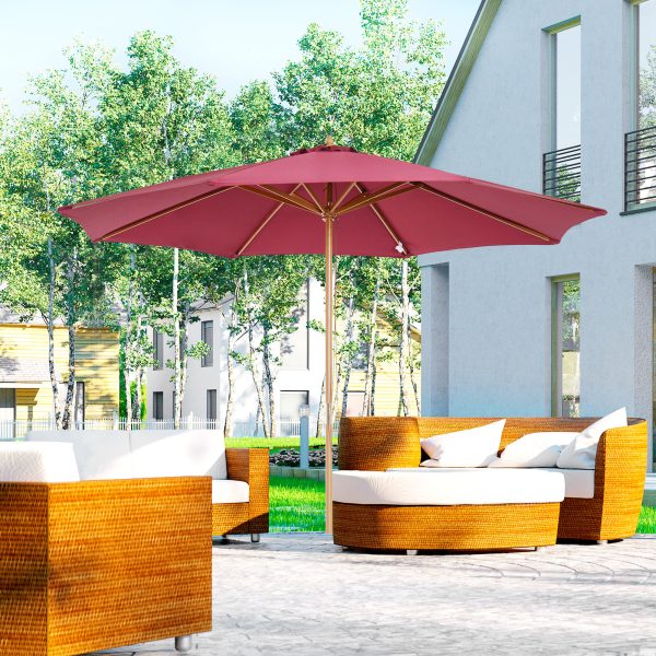 Outsunny ⌀3m Bamboo Wooden Market Patio Umbrella Garden Parasol Outdoor Sunshade Canopy, 8-ribs,Wine Red - Image 2