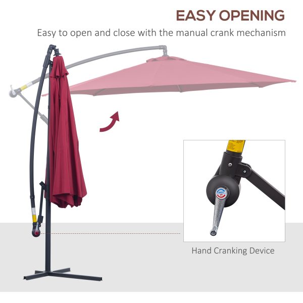 Outsunny 3(m) Garden Banana Parasol Hanging Cantilever Umbrella with Crank Handle and Cross Base for Outdoor, Sun Shade, Wine Red - Image 4