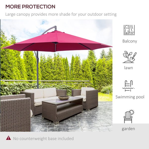 Outsunny 3(m) Garden Banana Parasol Hanging Cantilever Umbrella with Crank Handle and Cross Base for Outdoor, Sun Shade, Wine Red - Image 6