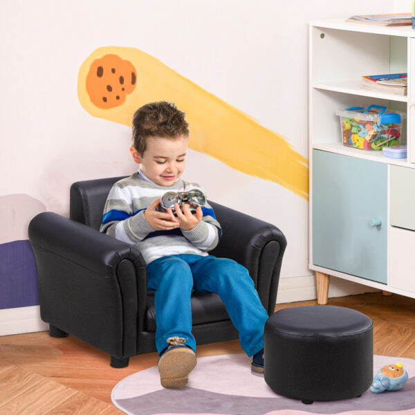 HOMCOM Toddler Chair Single Seater Kids Sofa Set, 54 x 42 x 41cm, Kids Sofa with Stool, Black   Aosom UK - Image 2