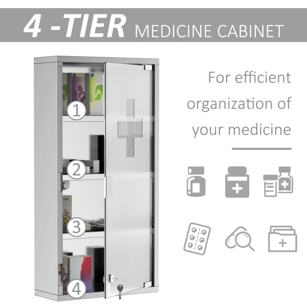 HOMCOM Wall-Mounted Medicine Cabinet: 4 Tier Lockable Glass Door, Stainless Steel Shelving Unit, 60Hx30Wx12D(cm)   Aosom UK - Image 7