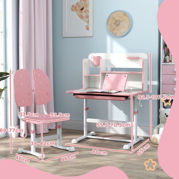 AIYAPLAY Height Adjustable Kids Desk and Chair Set, Children School Study Desk with Tiltable Desktop, Reading Rack, Pink   Aosom UK - Image 3