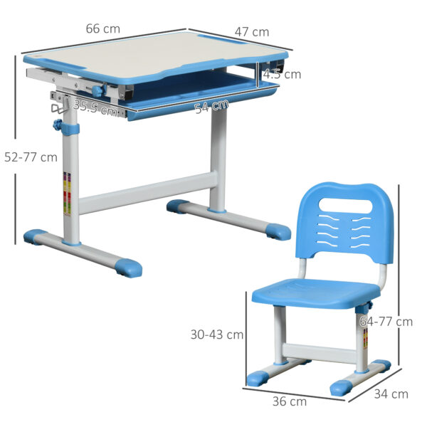 HOMCOM Kids Desk and Chair Set Height Adjustable Student Writing Desk Children Study Table w/ Desktop, Drawer, Pen Slot, Hook Blue   Aosom UK - Image 3