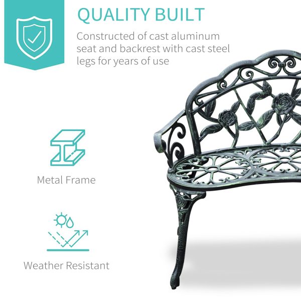 Outsunny Cast Aluminium Outdoor Garden Patio Antique Rose Style Bench Porch Park Chair Seater - Green   Aosom UK - Image 5