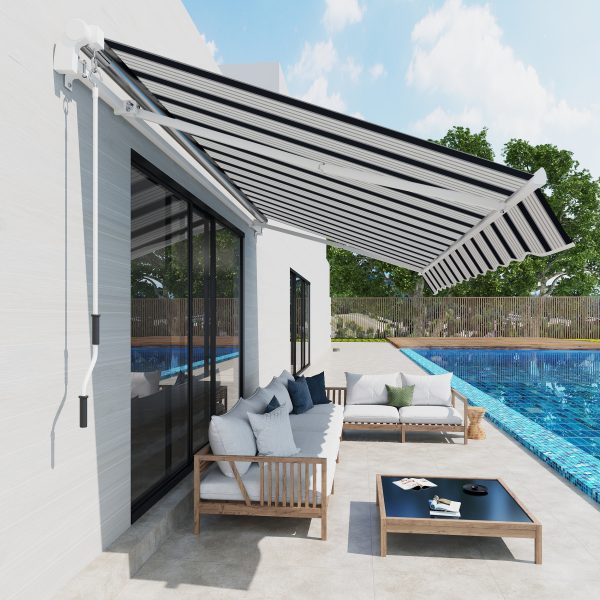 Outsunny 4m x 3(m) Garden Patio Manual Awning Canopy Aluminium Sun Shade Shelter Retractable Blue and White - Image 9