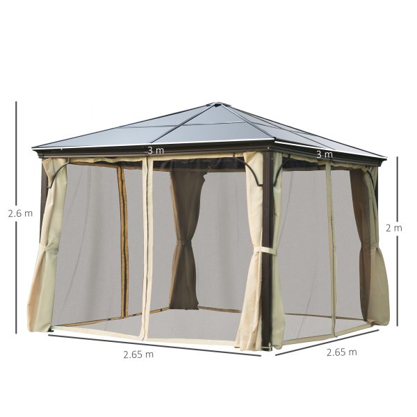 Outsunny 3 x 3(m) Hardtop Gazebo Canopy with Polycarbonate Roof and Aluminium Frame, Garden Pavilion with Mosquito Netting and Curtains, Brown - Image 3