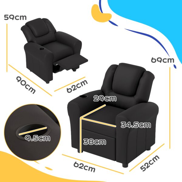 HOMCOM Kids Armchair, Kids Recliner Chair, PU Leather Kids Chair with Adjustable Backrest & Footrest, Padded Headrest, Black   Aosom UK - Image 3