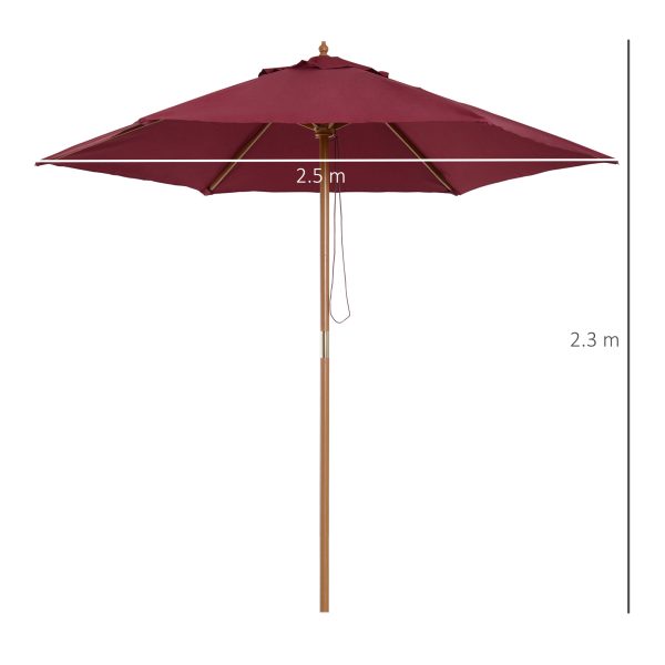 Outsunny Wooden Garden Parasol, 2.5m Outdoor Umbrella Sun Shade with Pulley System, Wine Red   Aosom UK - Image 3