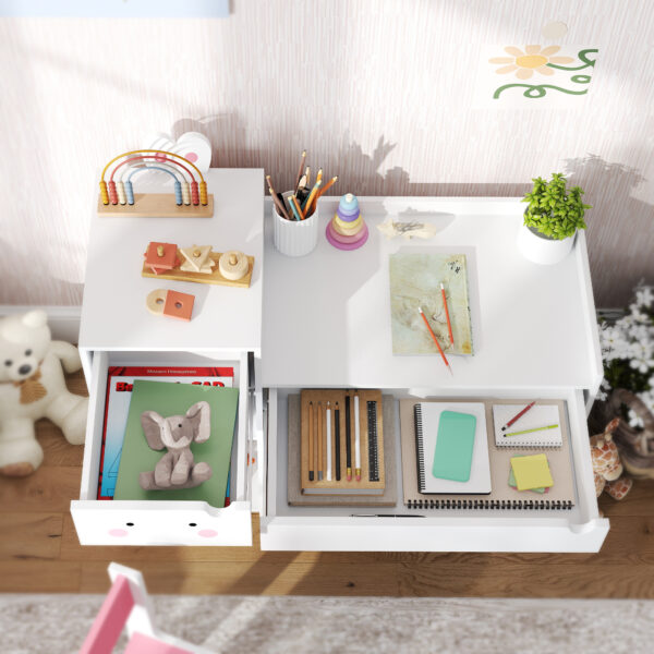 AIYAPLAY Rabbit Themed Kids Desk and Chair Set with Bookcase, Drawers, Storage Shelves, for 3-6 Years, White - Image 9