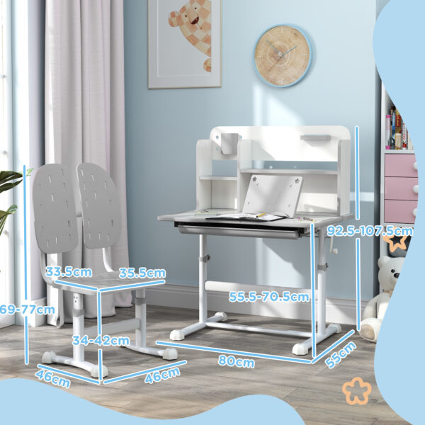 AIYAPLAY Height Adjustable Kids Desk and Chair Set, Children School Study Desk with Tiltable Desktop, Reading Rack, Grey   Aosom UK - Image 3