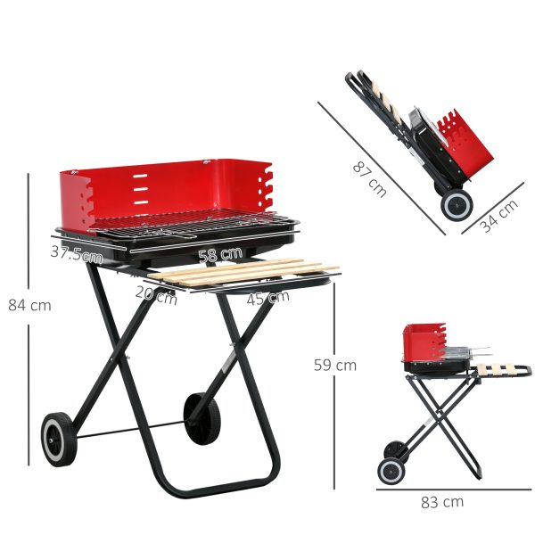 Outsunny BBQ Grill Charcoal Barbecue Grill Garden Foldable BBQ Trolley w/ Windshield, Wheels, Side Trays, Red/Black   Aosom UK - Image 3