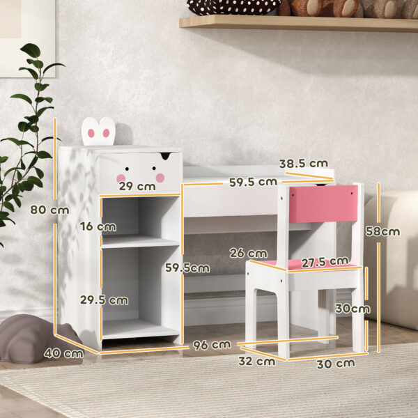 AIYAPLAY Rabbit Themed Kids Desk and Chair Set with Bookcase, Drawers, Storage Shelves, for 3-6 Years, White - Image 3