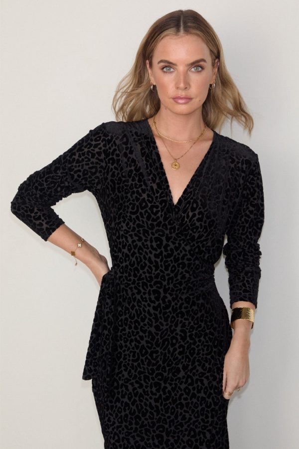 Women's Leopard Devore Willow Wrap Dress in Black, Size 10 by Never Fully Dressed - Image 4