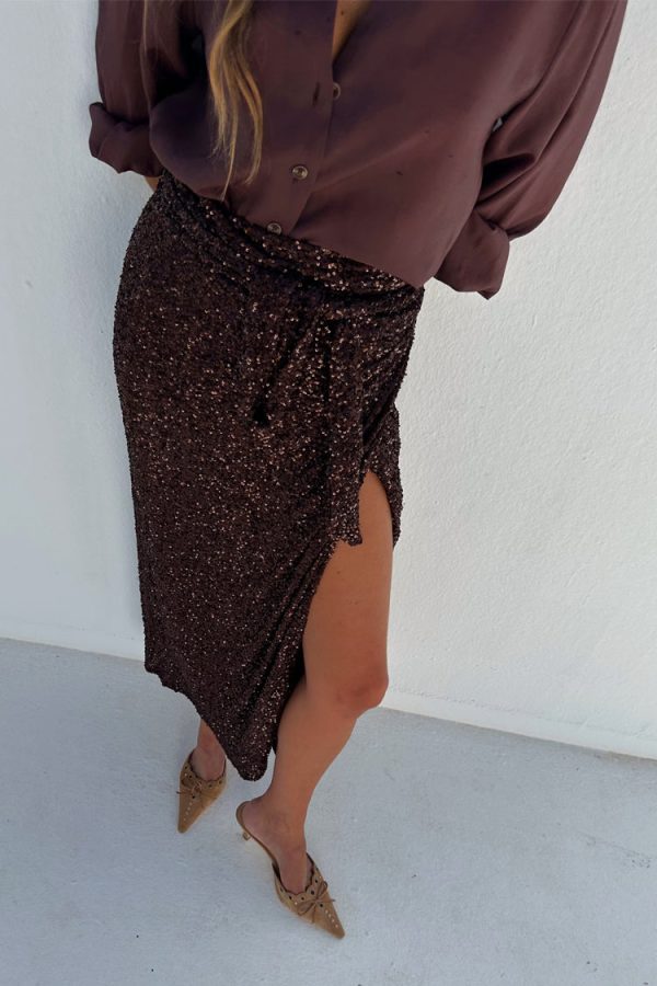 Women's Chocolate Sequin Jaspre Skirt in Brown, Size 28 by Never Fully Dressed - Image 2