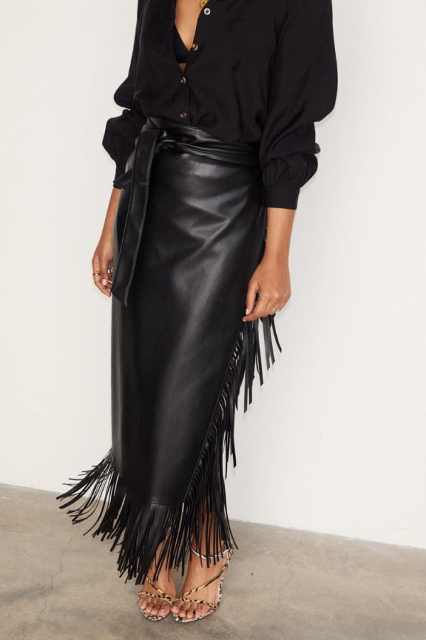 Women's Vegan Leather Fringe Midi Jaspre Skirt in Black, Size 8 by Never Fully Dressed - Image 3