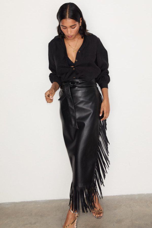 Women's Vegan Leather Fringe Midi Jaspre Skirt in Black, Size 8 by Never Fully Dressed - Image 7