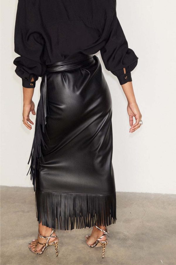 Women's Vegan Leather Fringe Midi Jaspre Skirt in Black, Size 8 by Never Fully Dressed - Image 9