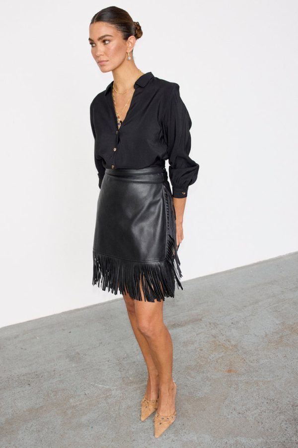 Women's Vegan Leather Mini Fringe Jaspre Skirt in Black, Size 26 by Never Fully Dressed - Image 3