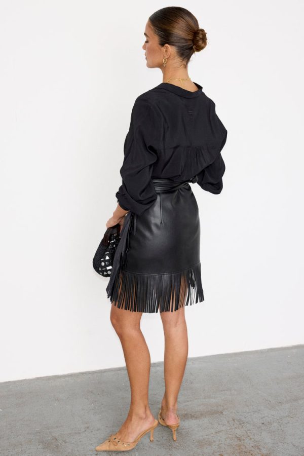 Women's Vegan Leather Mini Fringe Jaspre Skirt in Black, Size 24 by Never Fully Dressed - Image 7