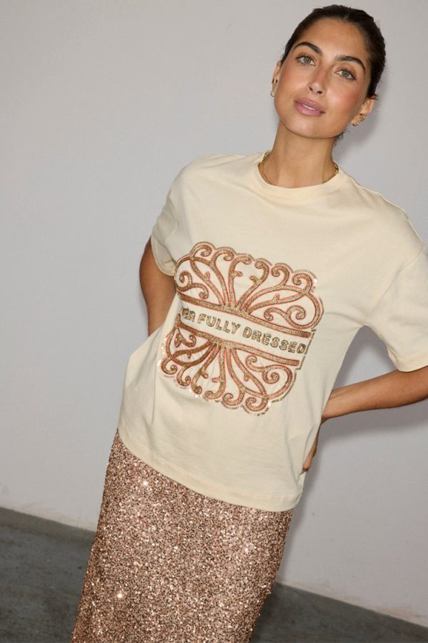 Women's Beaded Logo T-shirt in Cream, Size Small, 100% Cotton by Never Fully Dressed - Image 6