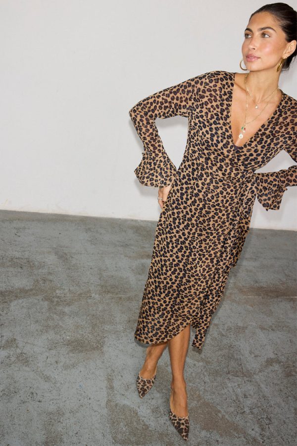 Women's Leopard Lucia Sheer Wrap Dress in Brown, Size 6 by Never Fully Dressed - Image 5