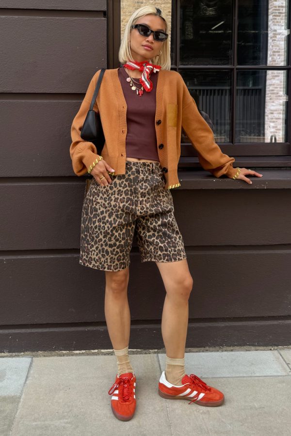 Women's Leopard Lucia Scallop Pocket Long Shorts in Brown, Size 28, Cotton/Elastane by Never Fully Dressed - Image 3