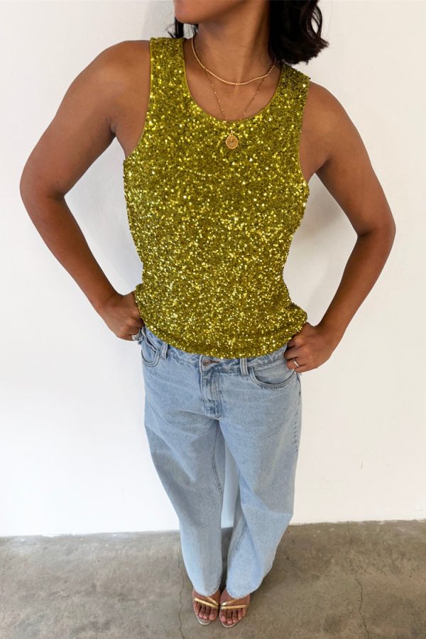 Women's Sequin Tank Top in Lime, Size 16 by Never Fully Dressed - Image 4