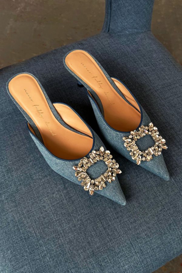 Women's Embellished Denim City Mules in Blue, Size UK 6 by Never Fully Dressed - Image 2