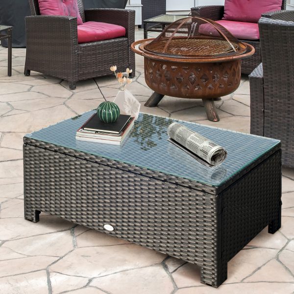 Outsunny Rattan Garden Furniture Coffee Table Patio Iron Frame Tempered Glass (Black) - Image 2