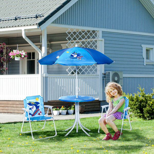 Outsunny Kids Picnic & Table Chair set, Outdoor Folding Garden Furniture w/ Shark Design, Adjustable Sun Umbrella, Ages 3-6 Years - Blue   Aosom UK - Image 2