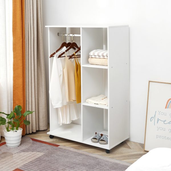 HOMCOM Open Wardrobe with Hanging Rail and Storage Shelves w/Wheels Bedroom-White - Image 2