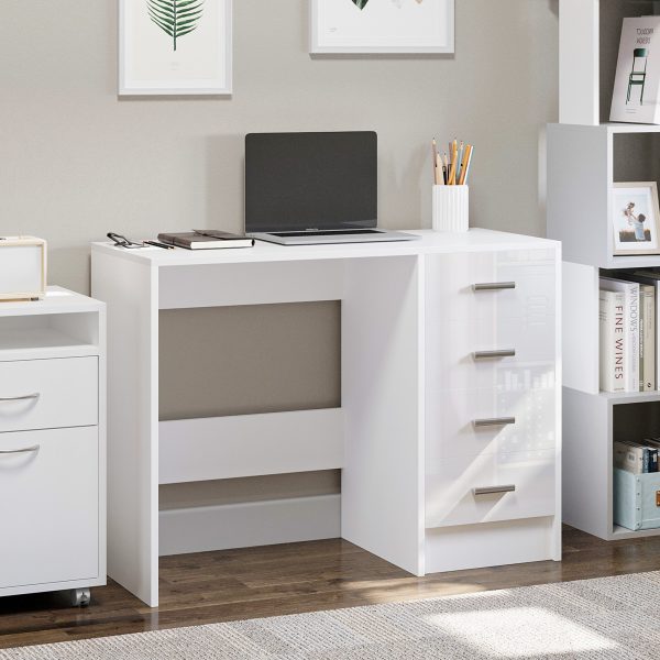 HOMCOM Computer Writing Desk with 4 Drawers, High Gloss Home Office Workstation, White - Image 2