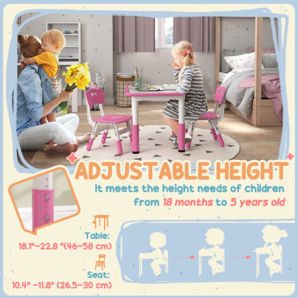 AIYAPLAY Height Adjustable Toddler Table and Chair Set, 3 Pcs Children Activity Table w/ 2 Chairs, for Playroom, Bedroom - Pink   Aosom UK - Image 4