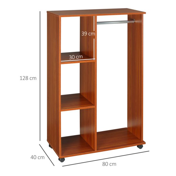 HOMCOM Bedroom Open Wardrobe, Hanging Rail with Storage Shelves, Mobile Clothes Organizer on Wheels, Walnut   Aosom UK - Image 3