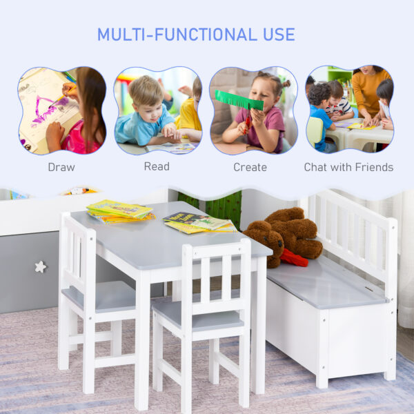 HOMCOM 4-Piece Kids Table Set with 2 Wooden Chairs, 1 Storage Bench, and Interesting Modern Design, Grey/White - Image 4