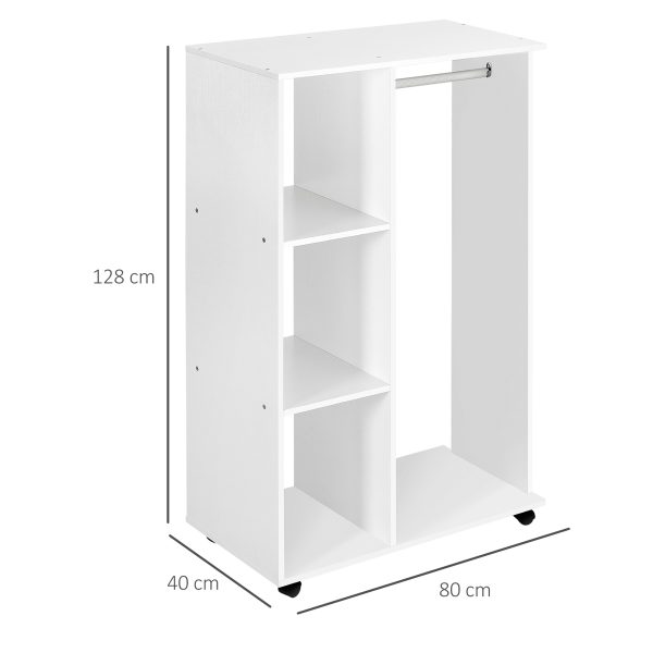 HOMCOM Open Wardrobe with Hanging Rail and Storage Shelves w/Wheels Bedroom-White - Image 3