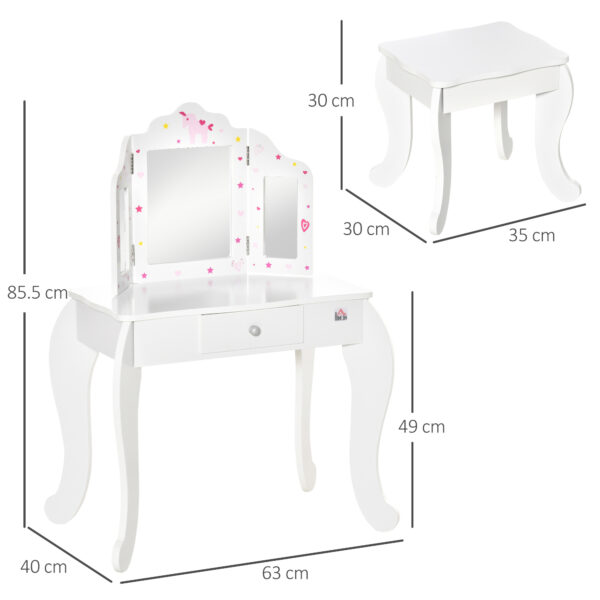 HOMCOM Kids Vanity Table & Stool Girls Dressing Set Make Up Desk Chair Dresser Play Set with Rotatable Mirrors Drawer Star & Heart Pattern White - Image 3