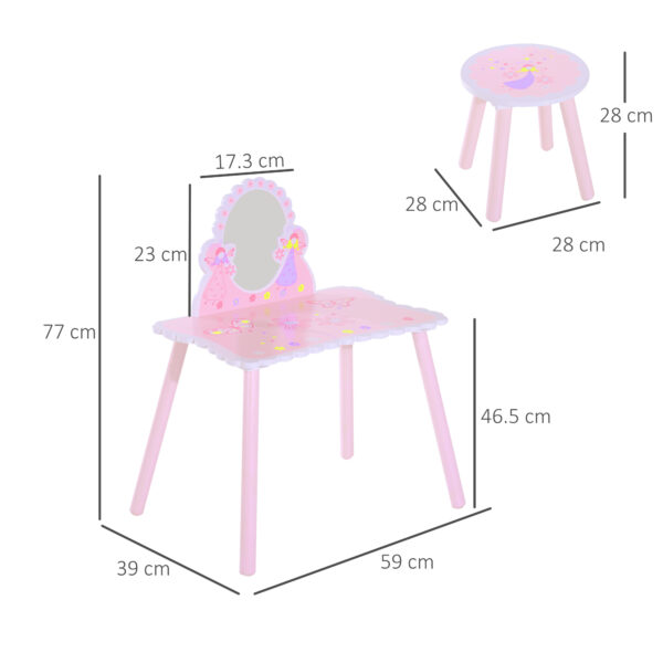 HOMCOM Kids Dressing Table Girls Pink Wooden Kids Dressing Table & Stool Make Up Desk Chair Toys Fairy Dresser Play Set w/Mirror   Aosom UK - Image 3