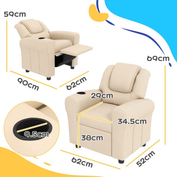 HOMCOM Kids Recliner Chair, PU Leather with Adjustable Backrest, Footrest, Padded Headrest, Beige   Aosom UK - Image 3