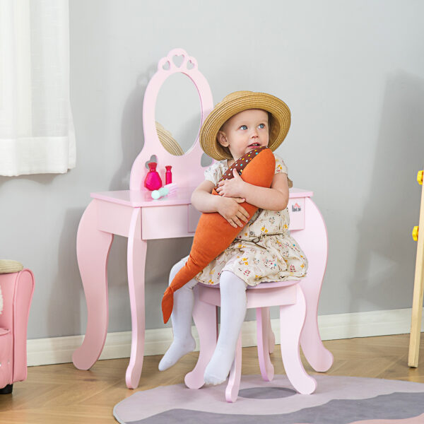 HOMCOM Kids Vanity Table & Stool Girls Dressing Set Make Up Desk Chair Dresser Play Set with Mirror Pink   Aosom UK - Image 2